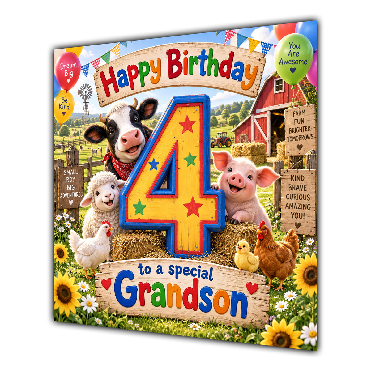 Grandson 4th Birthday Card Farm Animals Barn