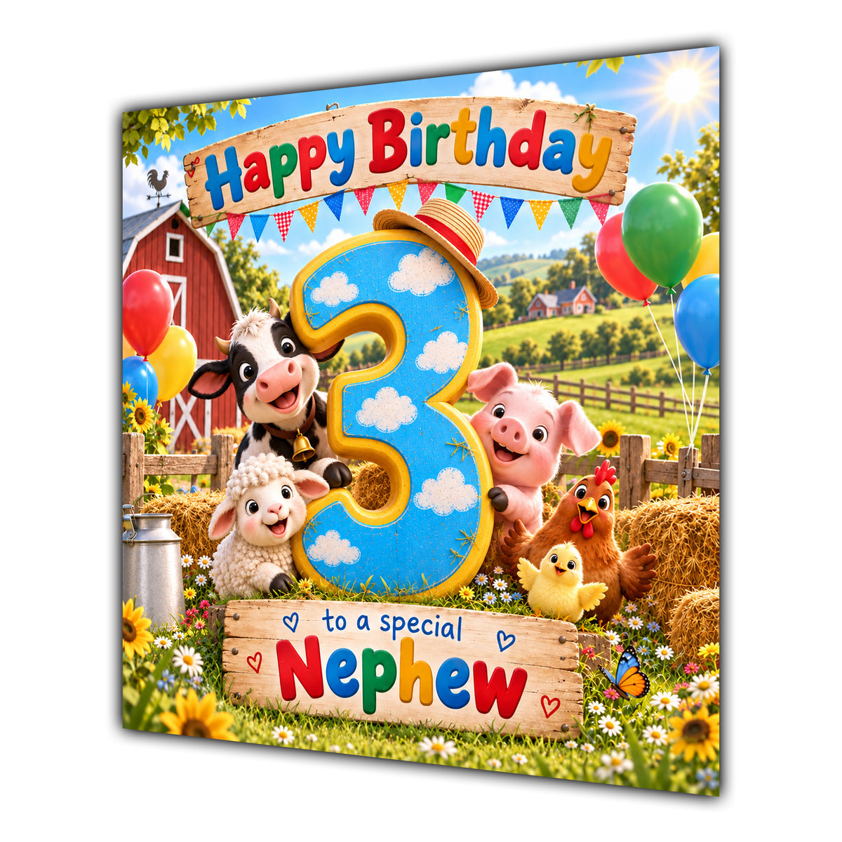 Nephew 3rd Birthday Card Farm Animals Barn