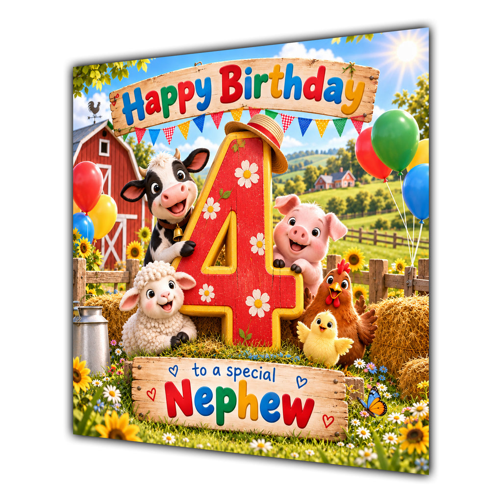 Nephew 4th Birthday Card Farm Animals Barn
