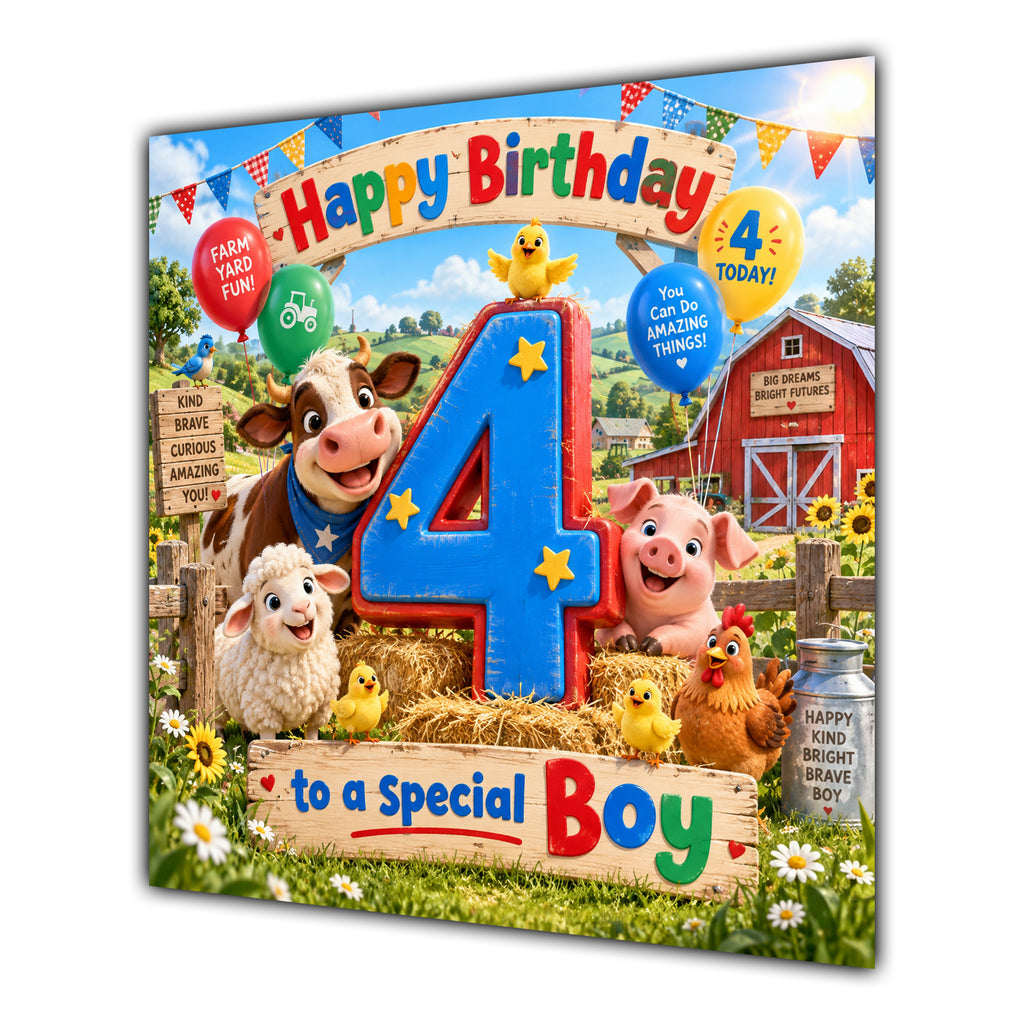 Boy 4th Birthday Card Farm Animals Barn