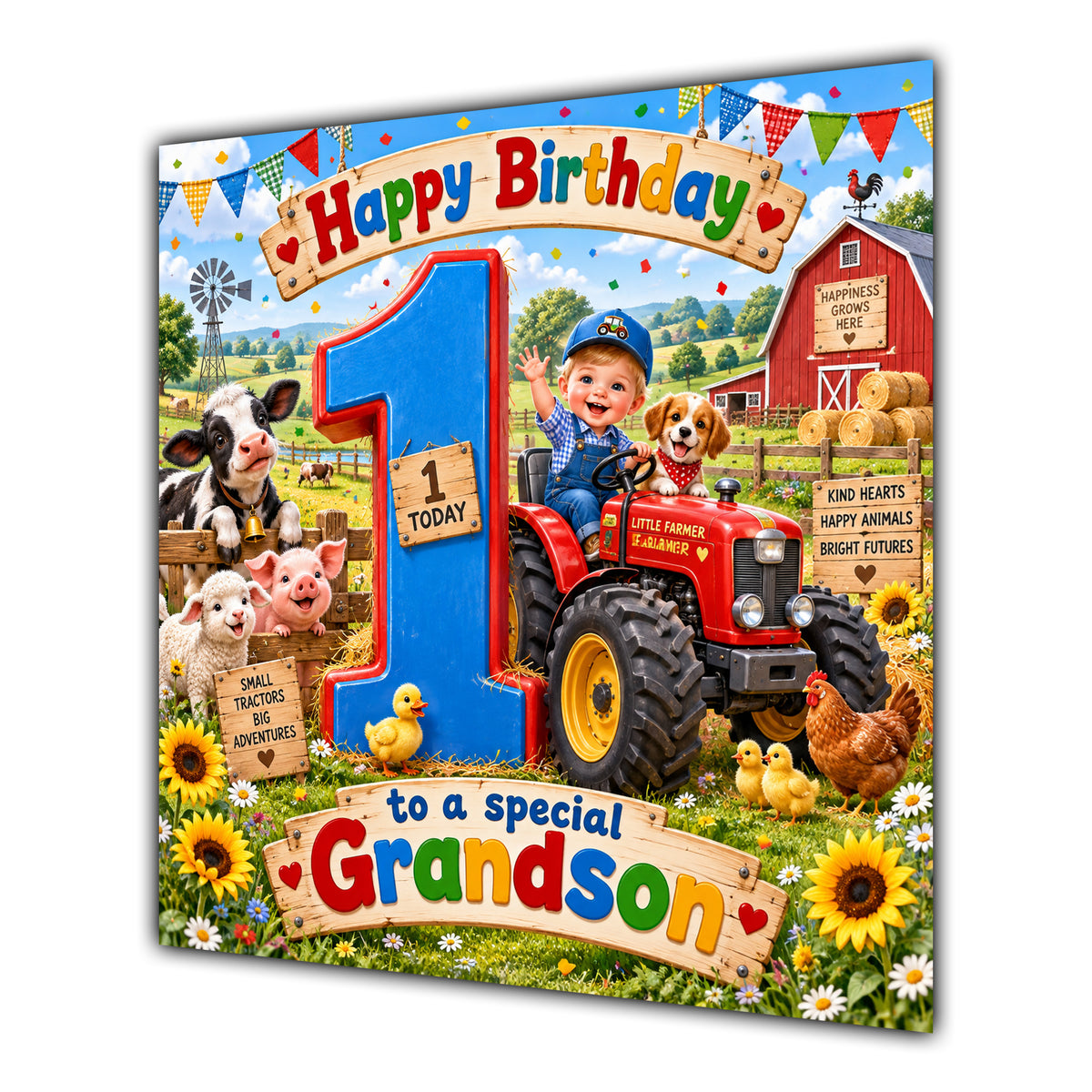Grandson 1st Birthday Card Tractor Farm Animals