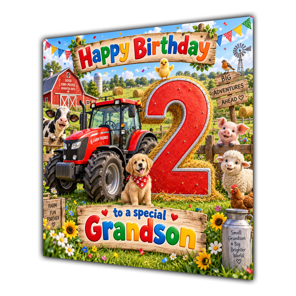 Grandson 2nd Birthday Card Tractor Farm Animals