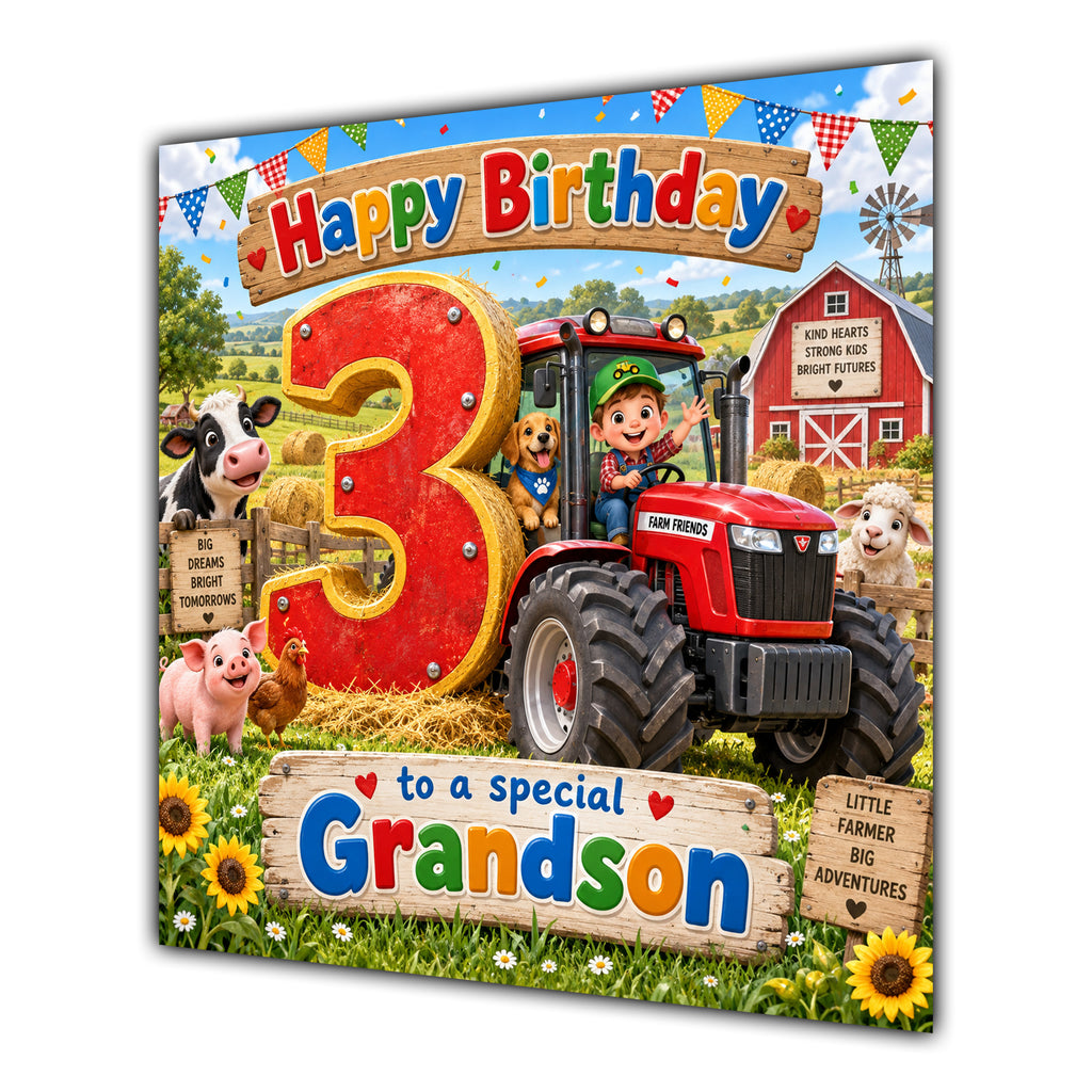 Grandson 3rd Birthday Card Tractor Farm Animals
