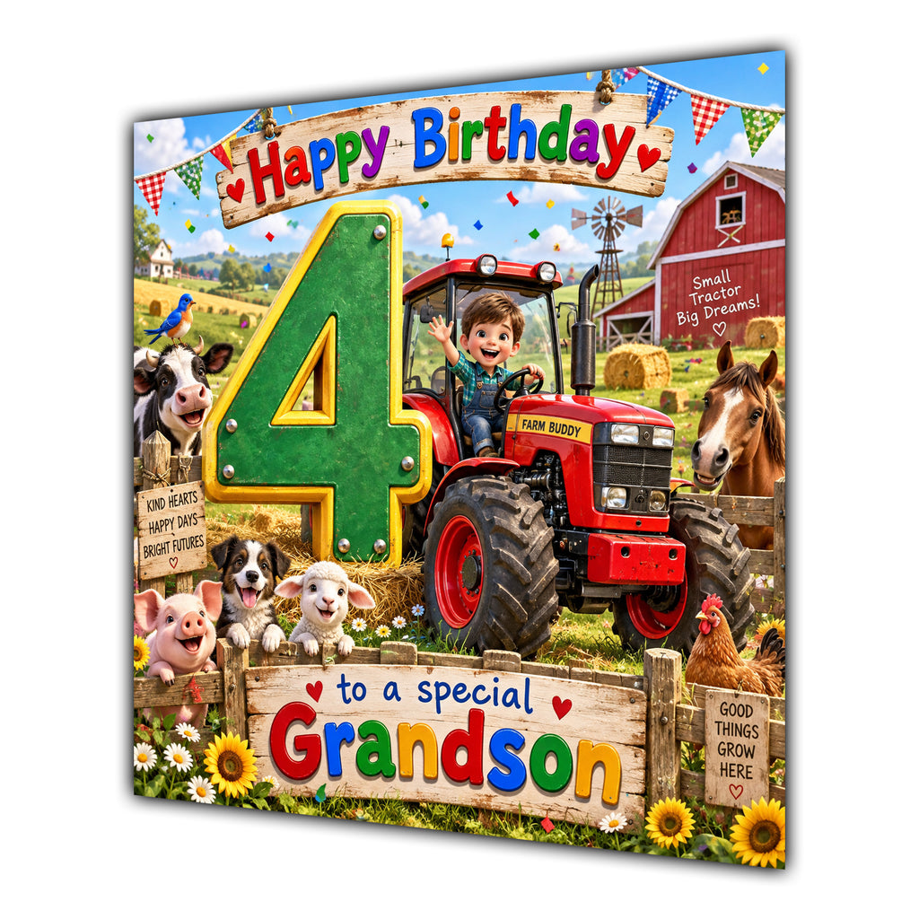 Grandson 4th Birthday Card Tractor Farm Animals