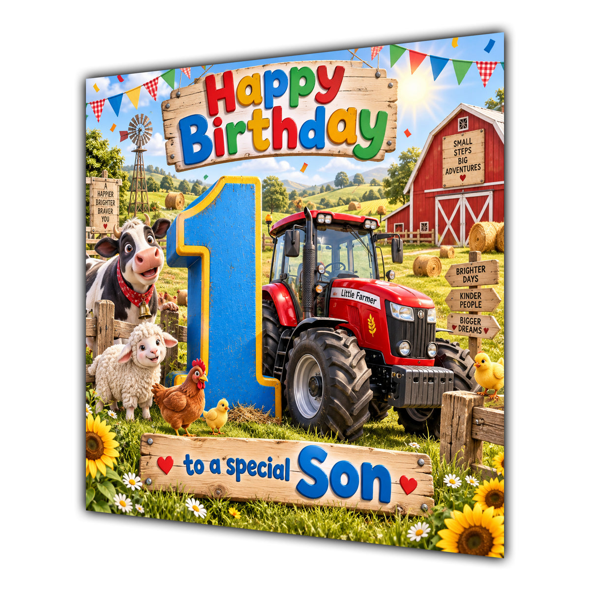 Son 1st Birthday Card Tractor Farm Animals