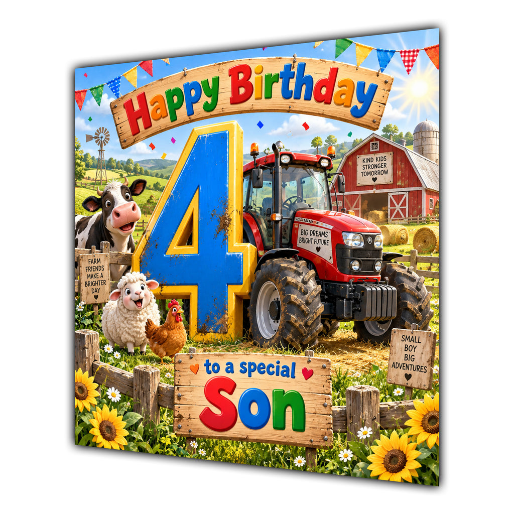 Son 4th Birthday Card Tractor Farm Animals