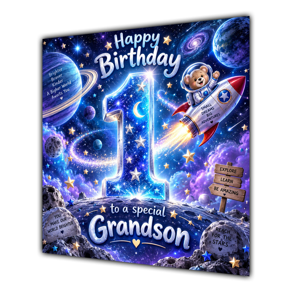 Grandson 1st Birthday Card Space Rocket Astronaut Stars