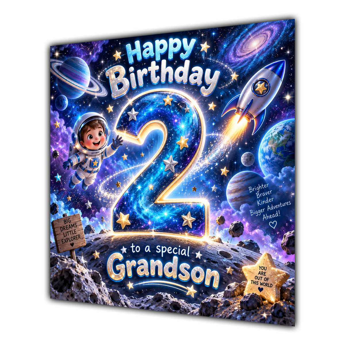 Grandson 2nd Birthday Card Space Rocket Astronaut Stars