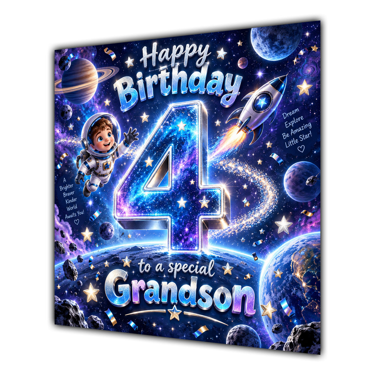 Grandson 4th Birthday Card Space Rocket Astronaut Stars