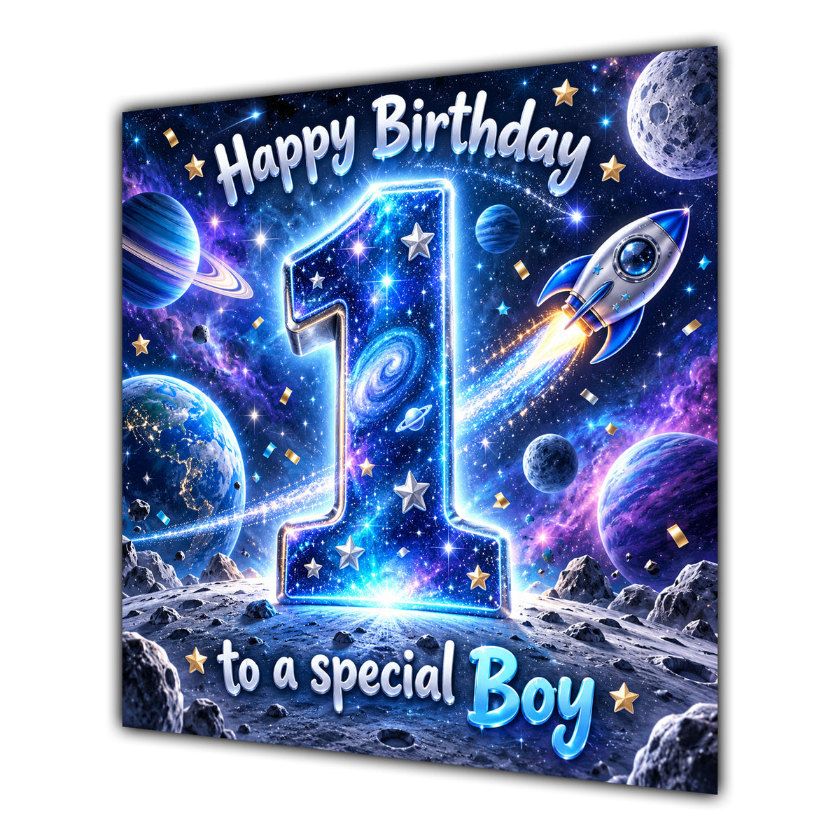 Boy 1st Birthday Card Space Rocket Astronaut Stars