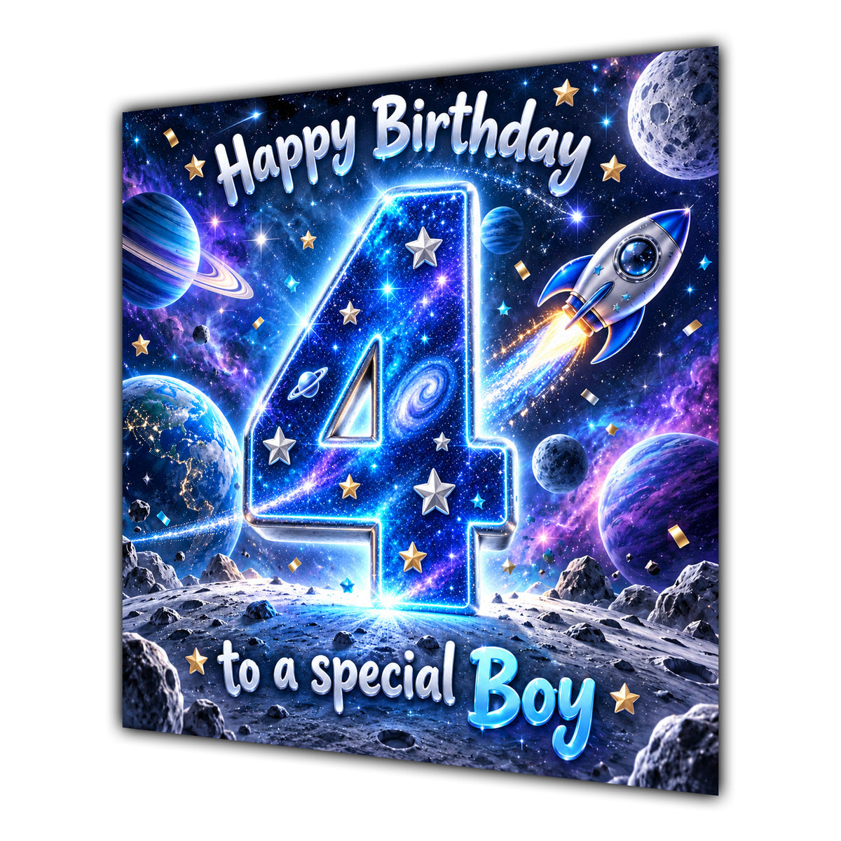 Boy 4th Birthday Card Space Rocket Astronaut Stars