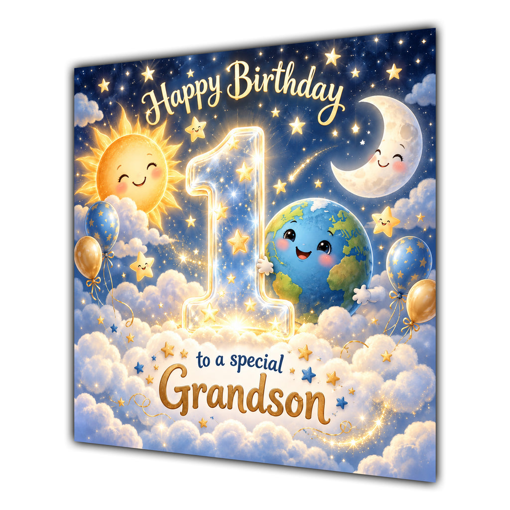 Grandson 1st Birthday Card Sun Moon Stars Clouds