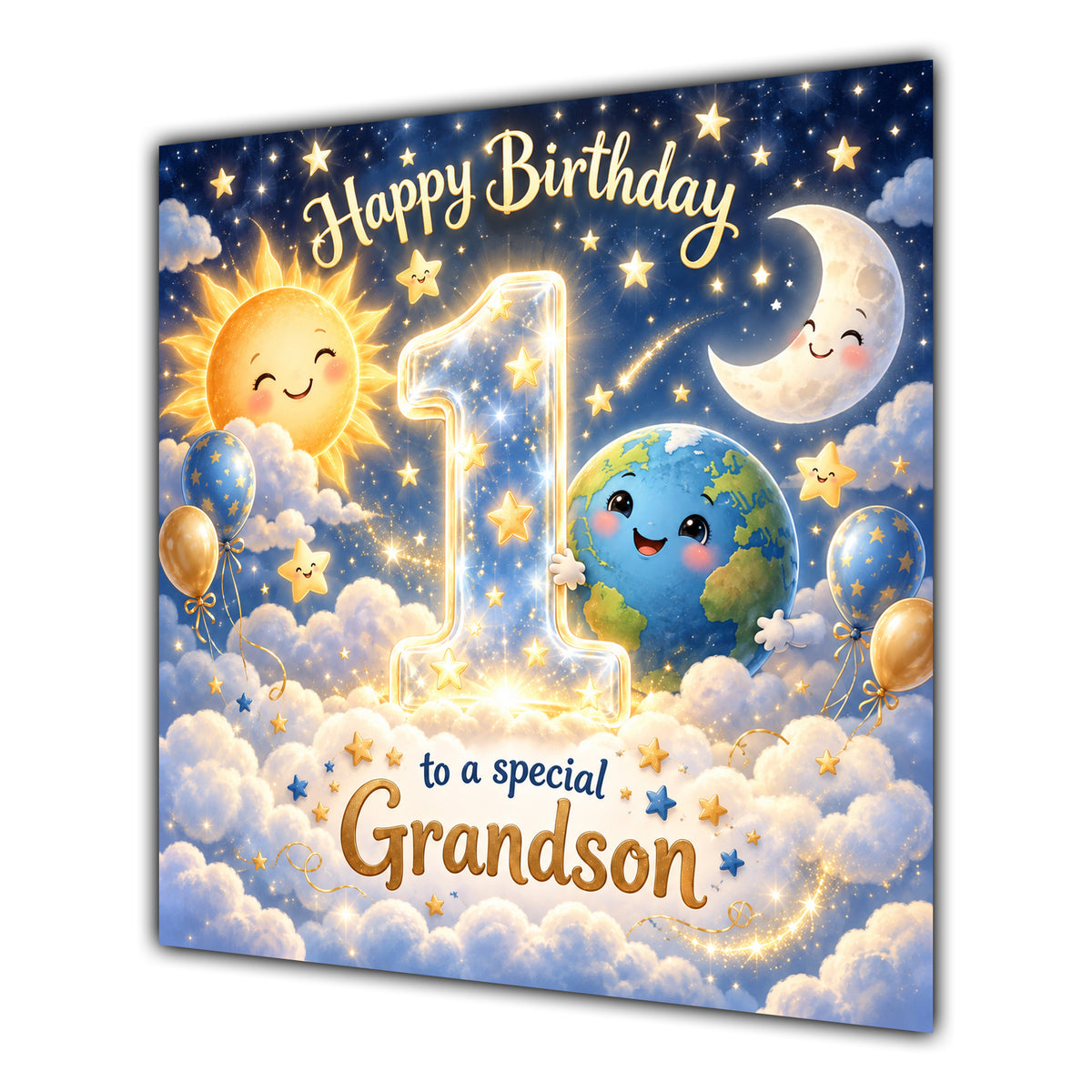 Grandson 1st Birthday Card Sun Moon Stars Clouds