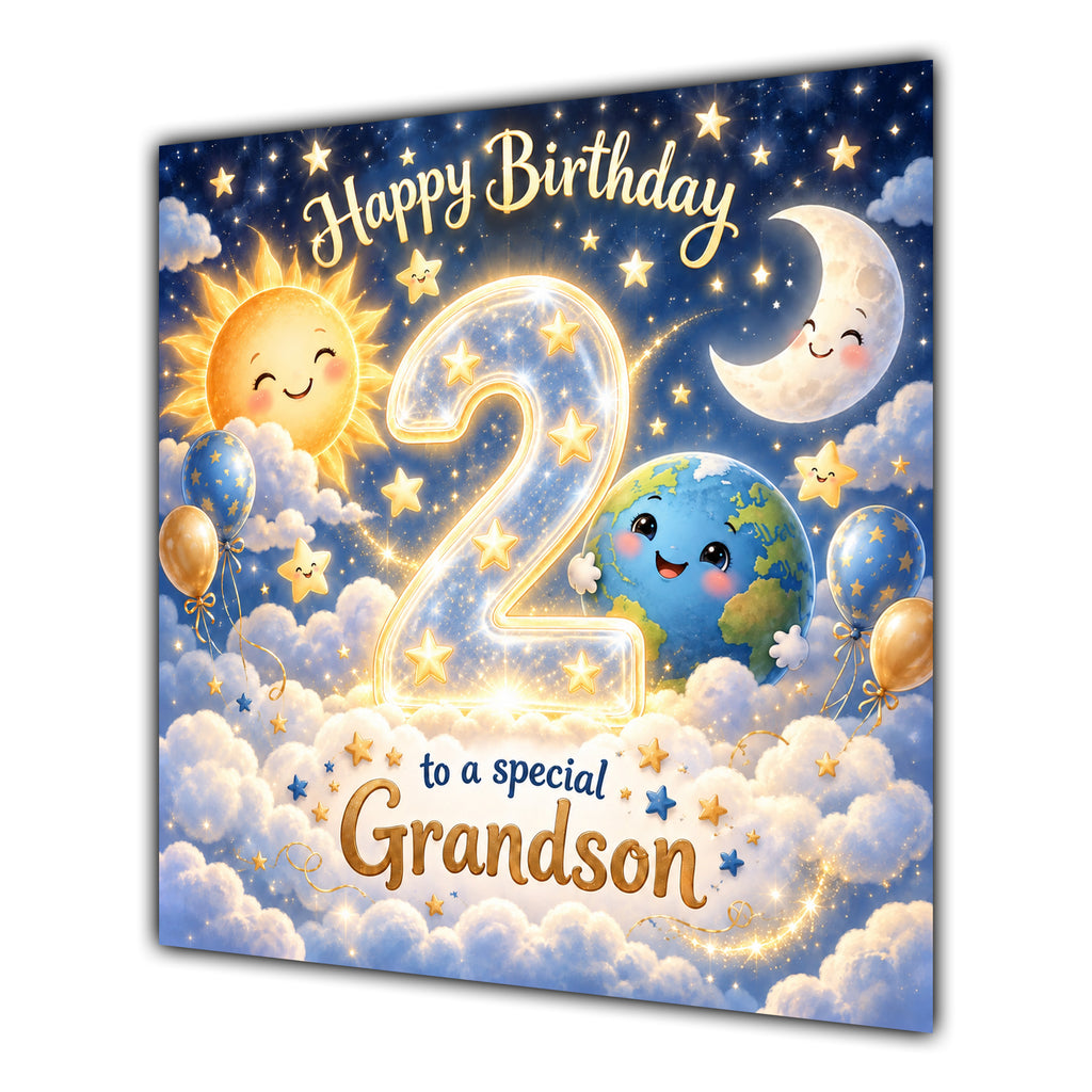 Grandson 2nd Birthday Card Sun Moon Stars Clouds