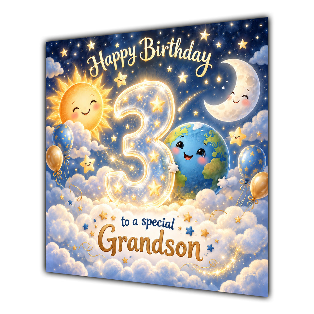 Grandson 3rd Birthday Card Sun Moon Stars Clouds