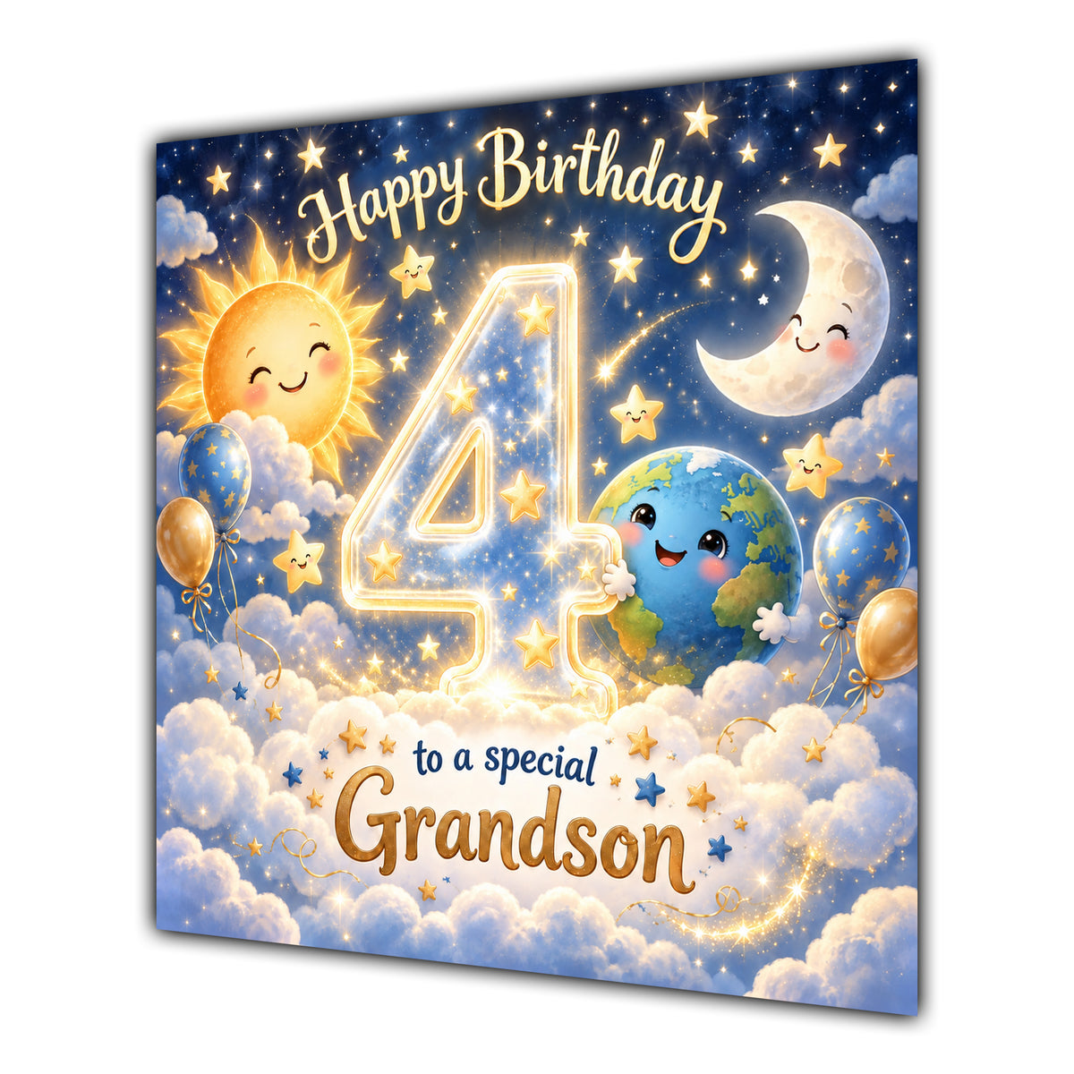 Grandson 4th Birthday Card Sun Moon Stars Clouds