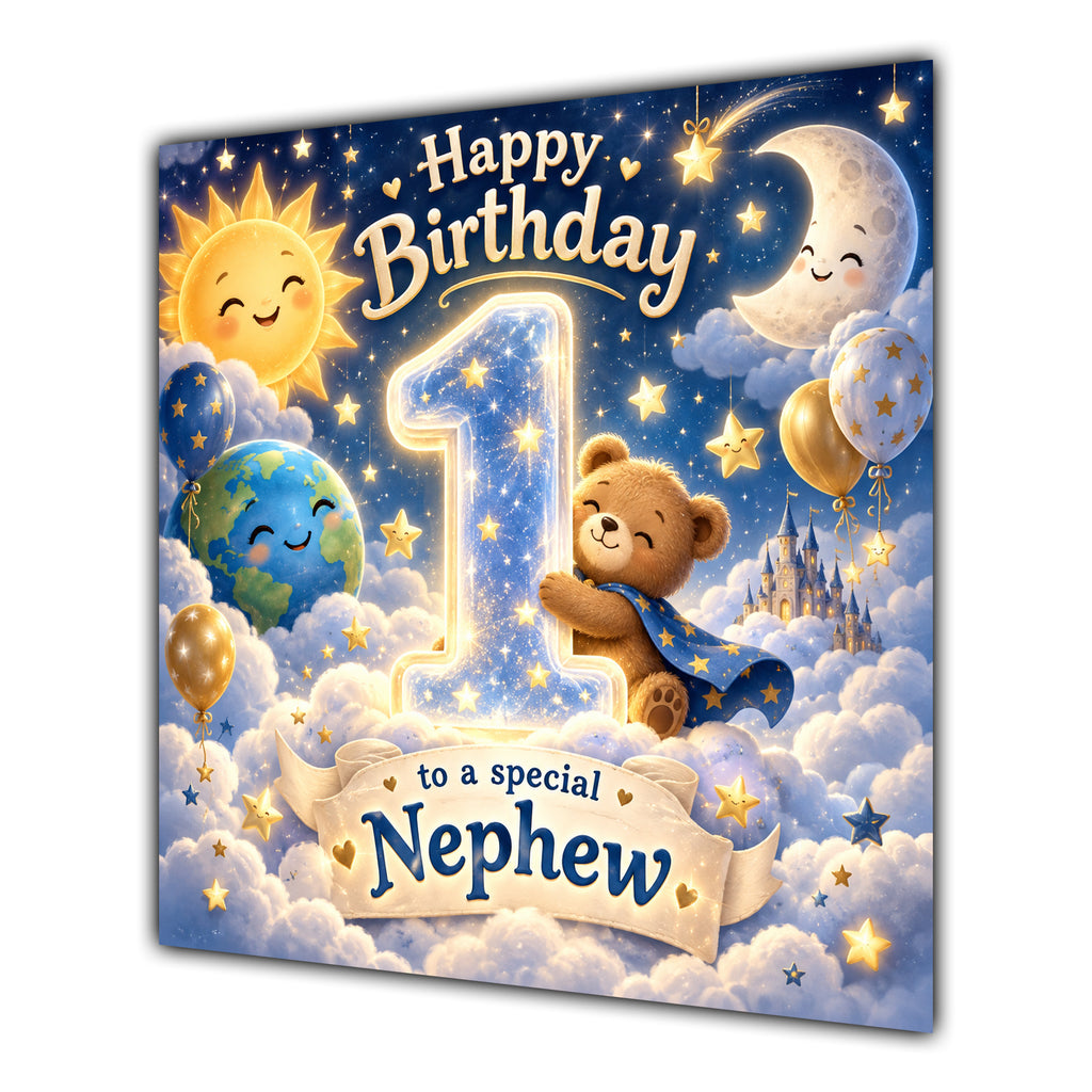 Nephew 1st Birthday Card Sun Moon Stars Clouds