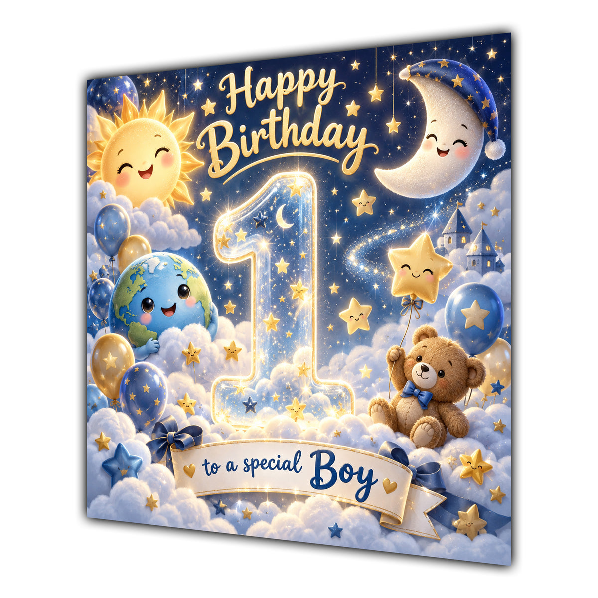 Boy 1st Birthday Card Sun Moon Stars Clouds