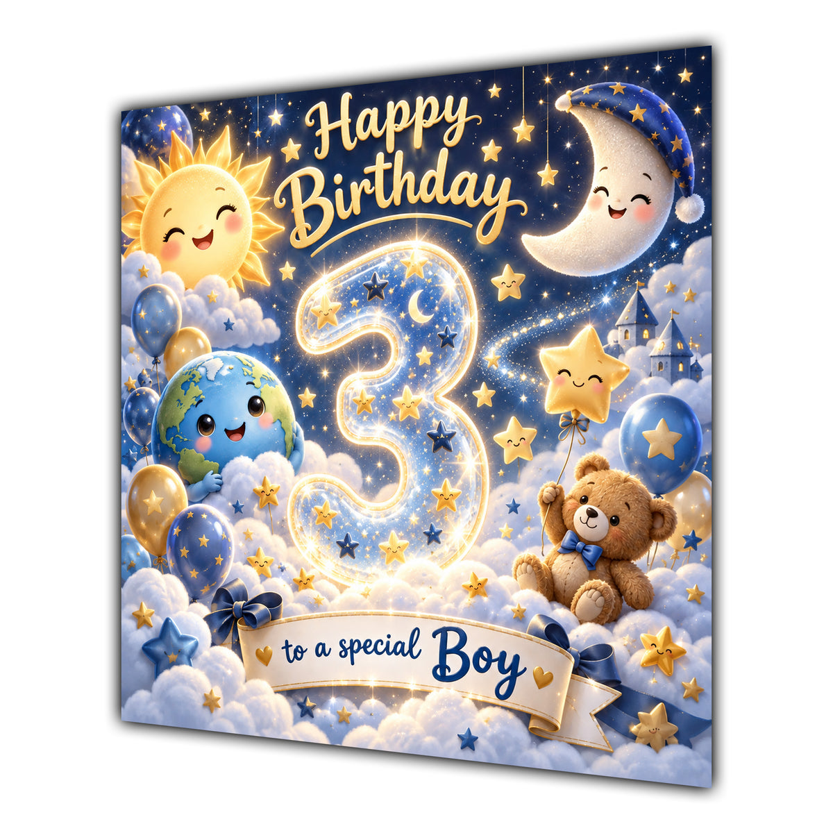 Boy 3rd Birthday Card Sun Moon Stars Clouds