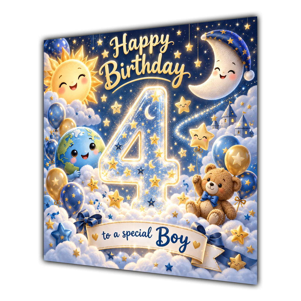 Boy 4th Birthday Card Sun Moon Stars Clouds