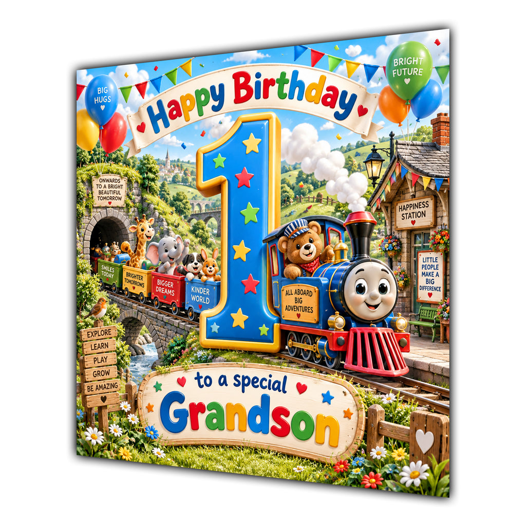 Grandson 1st Birthday Card Colourful Train Animals