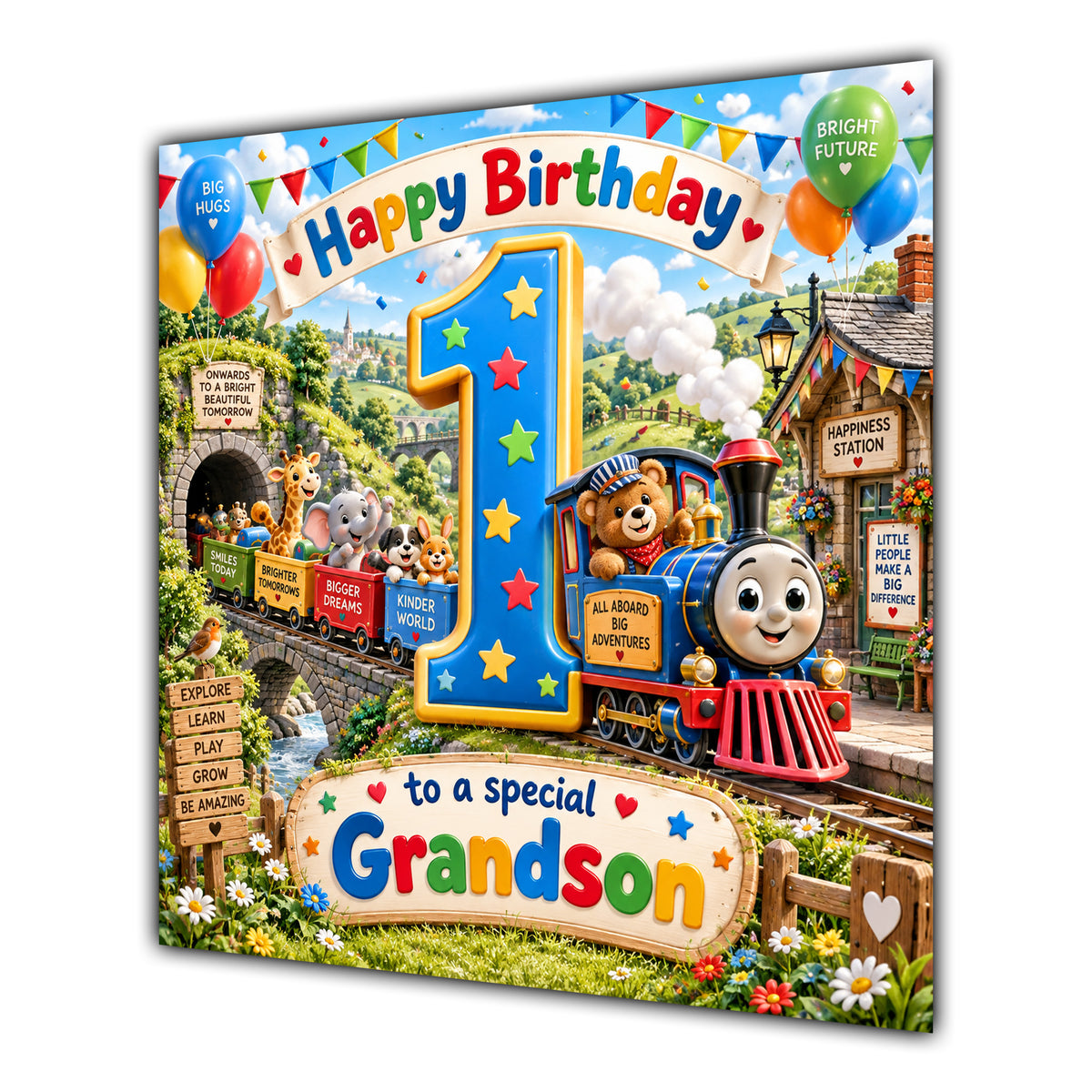 Grandson 1st Birthday Card Colourful Train Animals