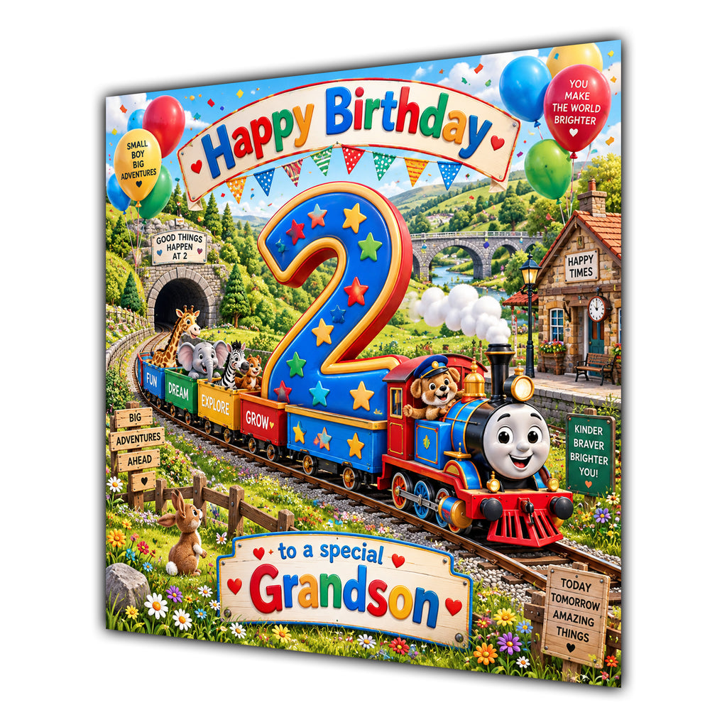 Grandson 2nd Birthday Card Colourful Train Animals