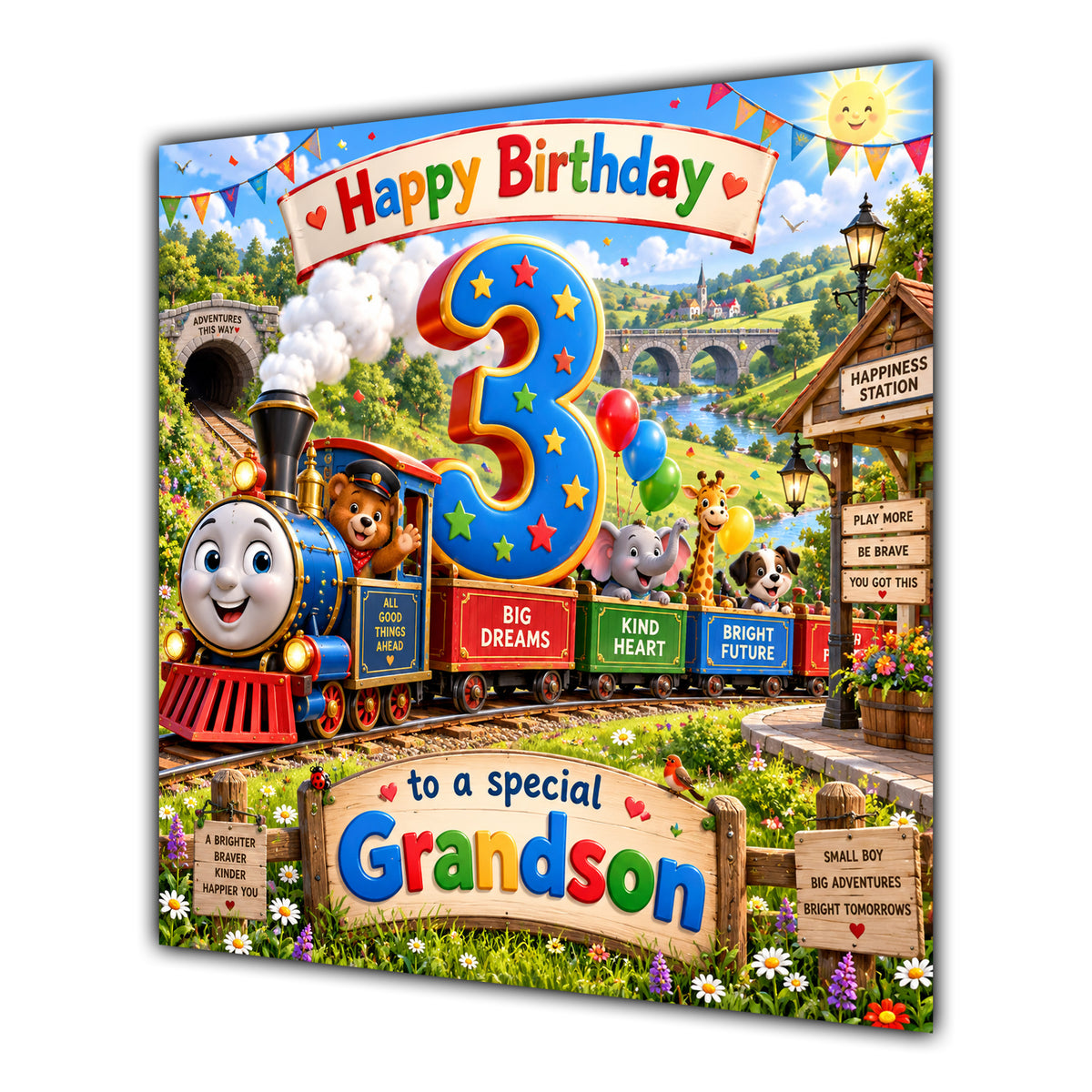 Grandson 3rd Birthday Card Colourful Train Animals