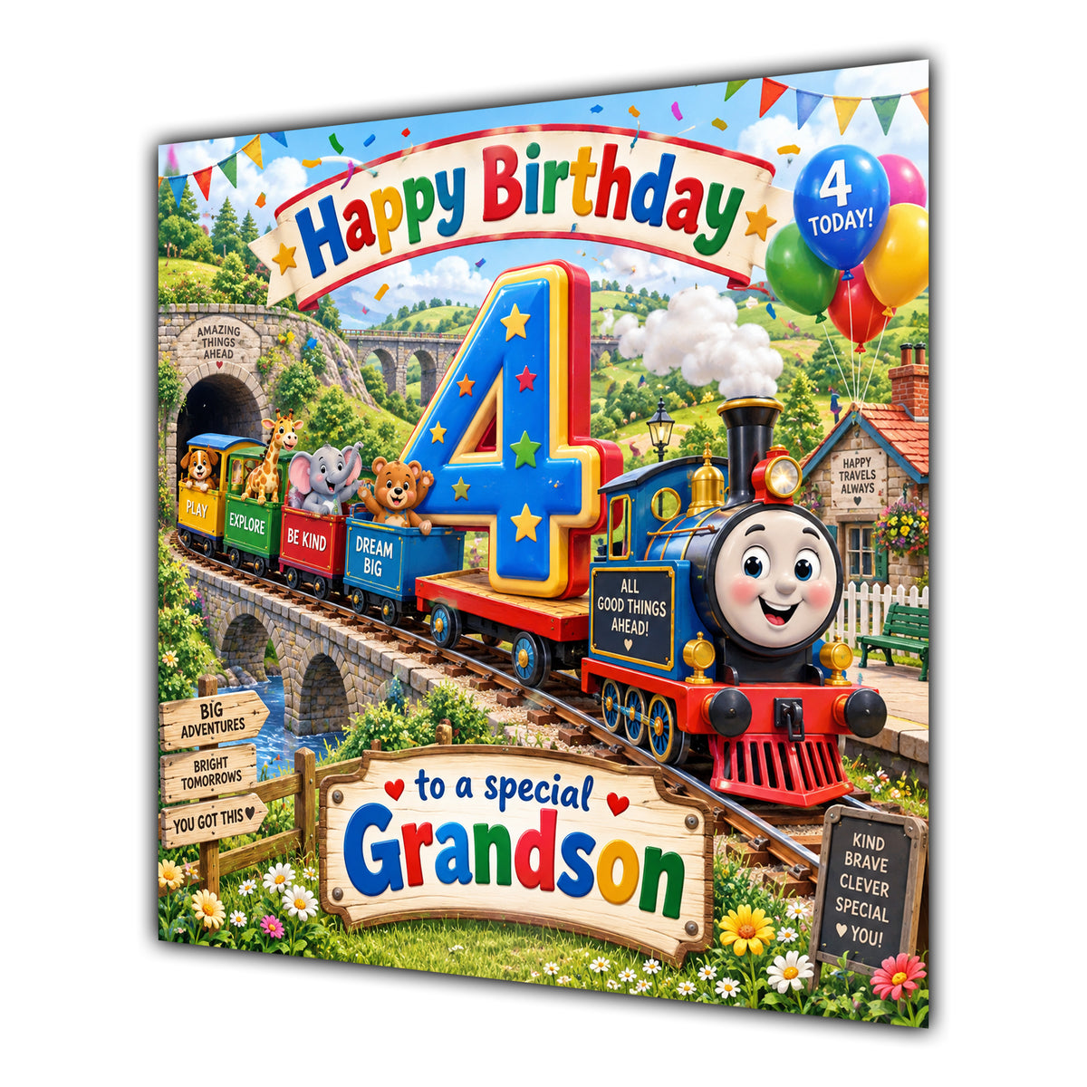 Grandson 4th Birthday Card Colourful Train Animals
