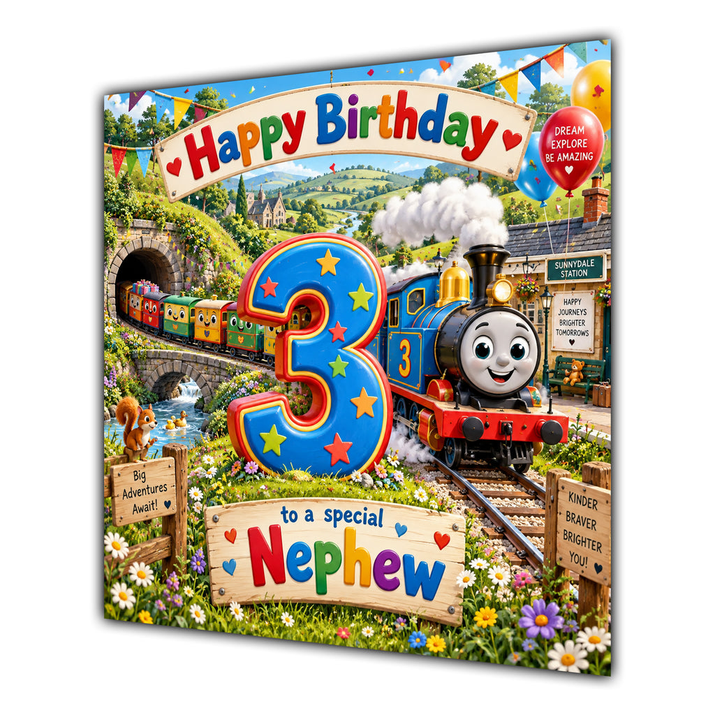 Nephew 3rd Birthday Card Colourful Steam Train