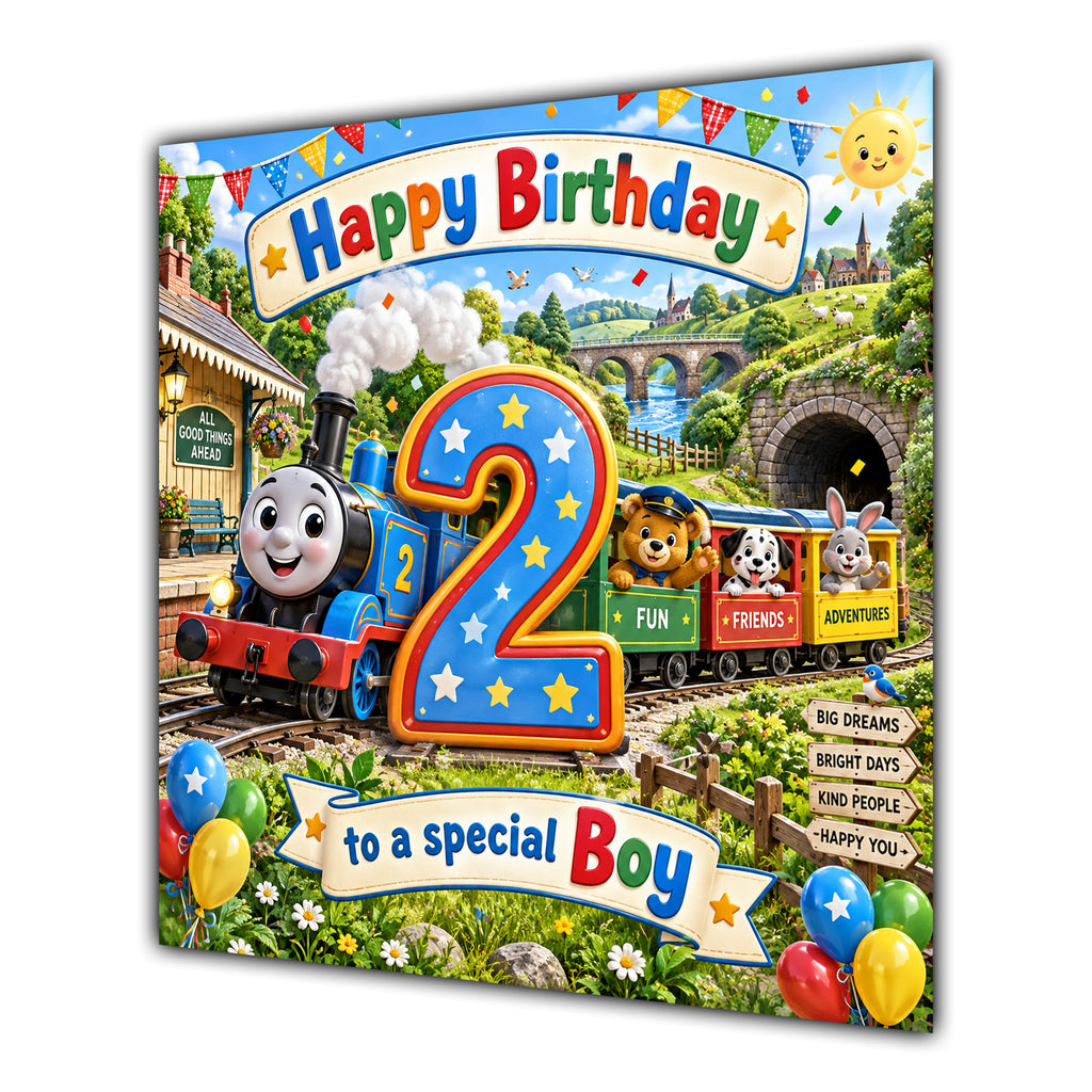 Boy 2nd Birthday Card Colourful Steam Train