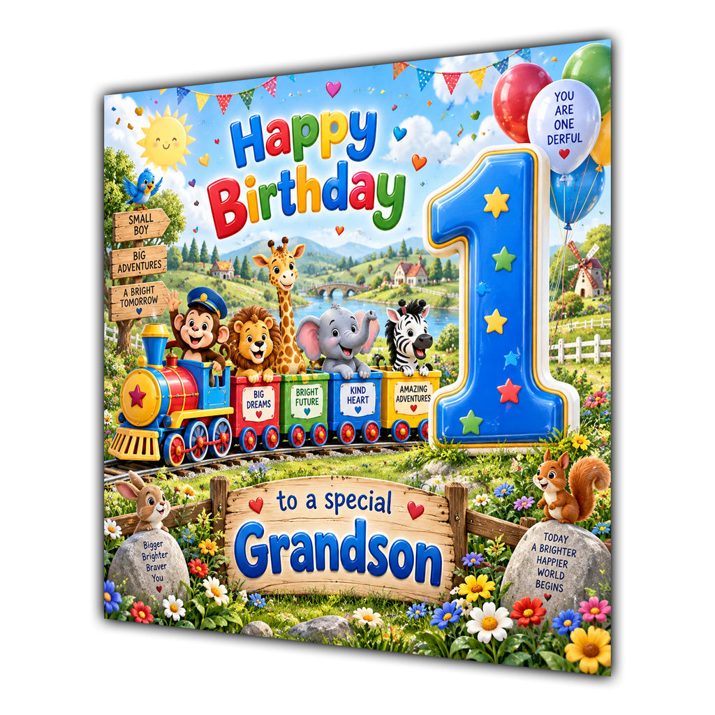 Grandson 1st Birthday Card Safari Animals Train