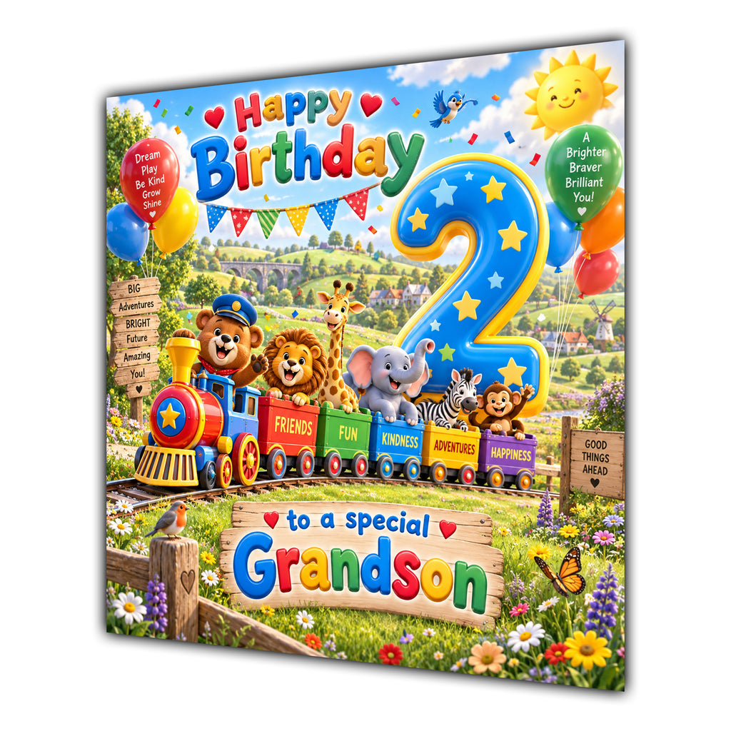 Grandson 2nd Birthday Card Safari Animals Train