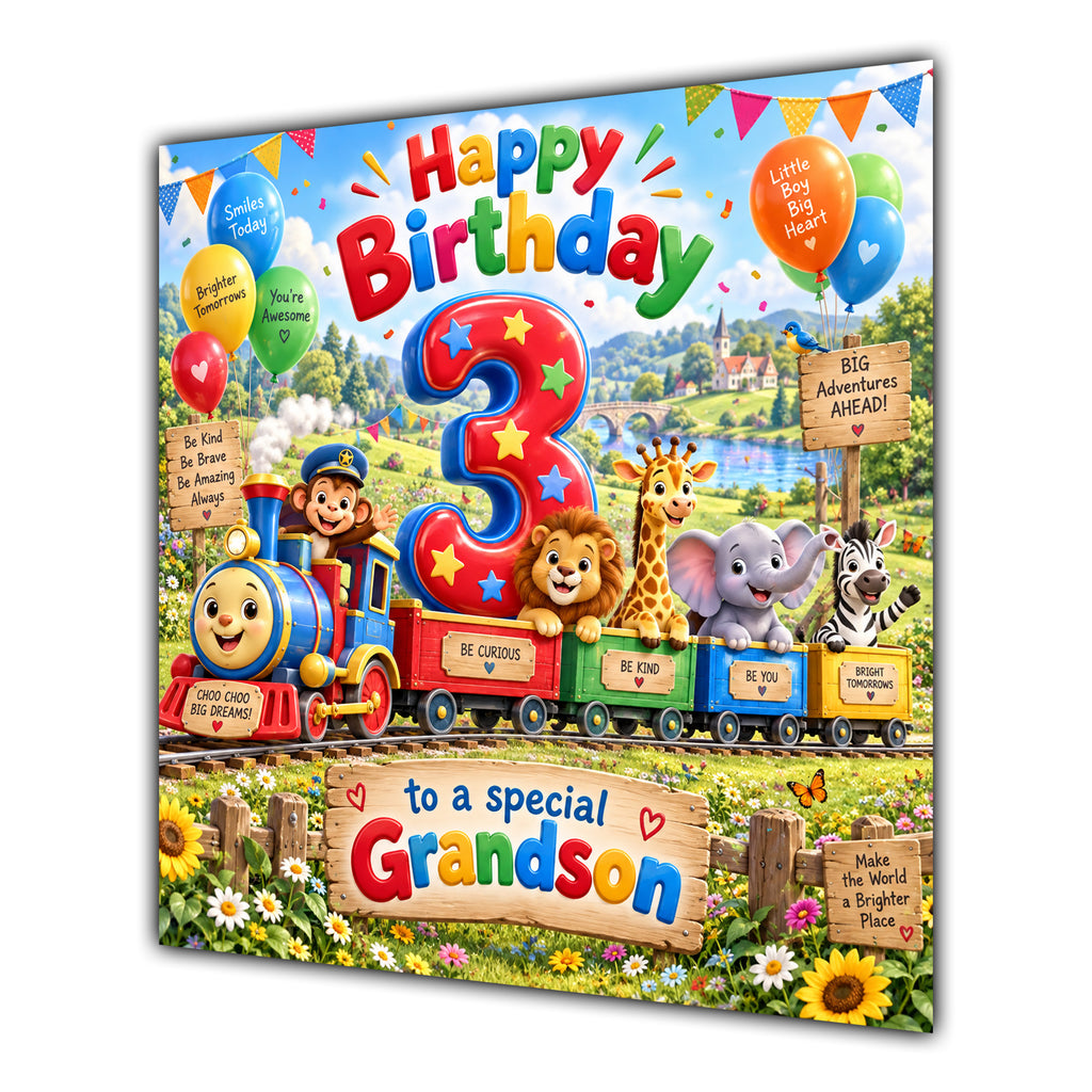 Grandson 3rd Birthday Card Safari Animals Train