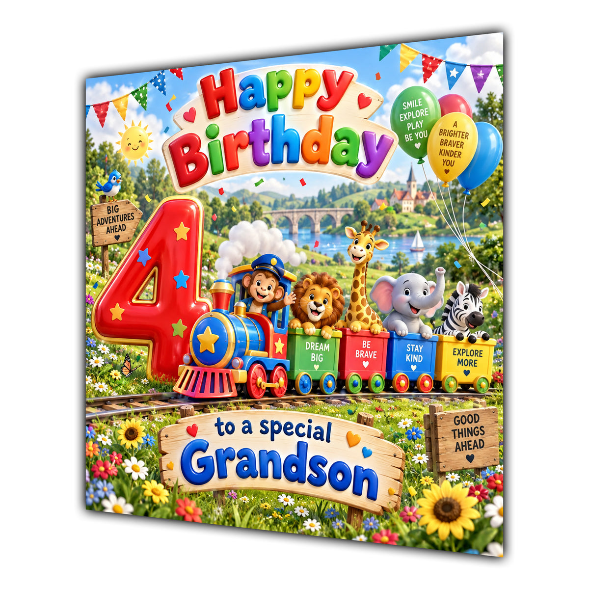 Grandson 4th Birthday Card Safari Animals Train