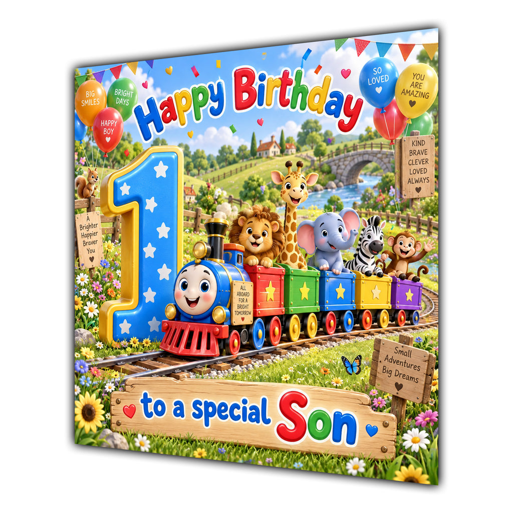 Son 1st Birthday Card Safari Animals Train