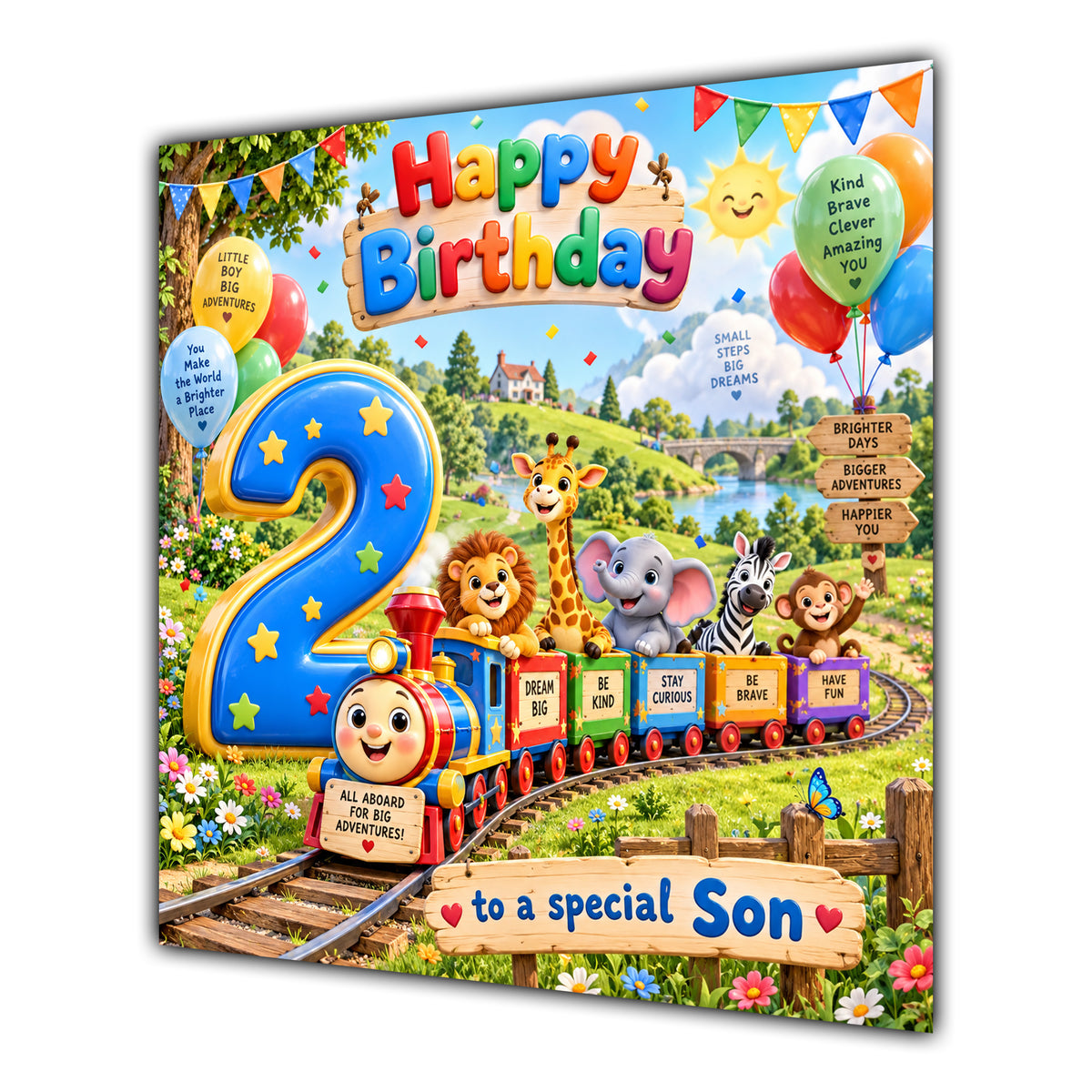 Son 2nd Birthday Card Safari Animals Train