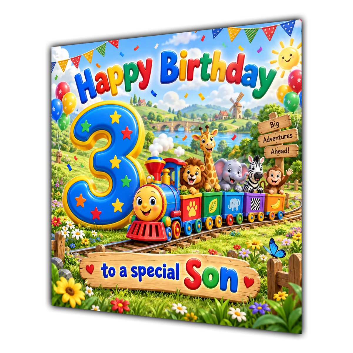 Son 3rd Birthday Card Safari Animals Train