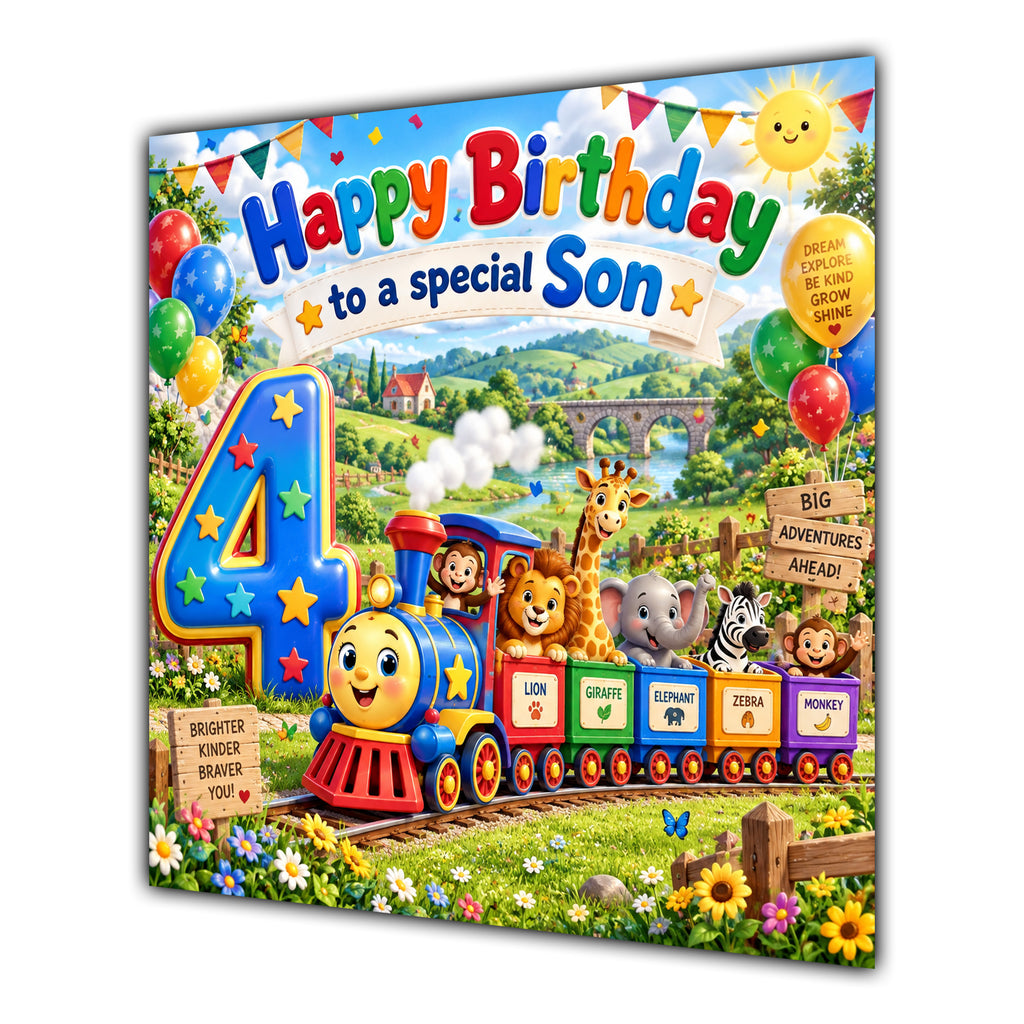 Son 4th Birthday Card Safari Animals Train