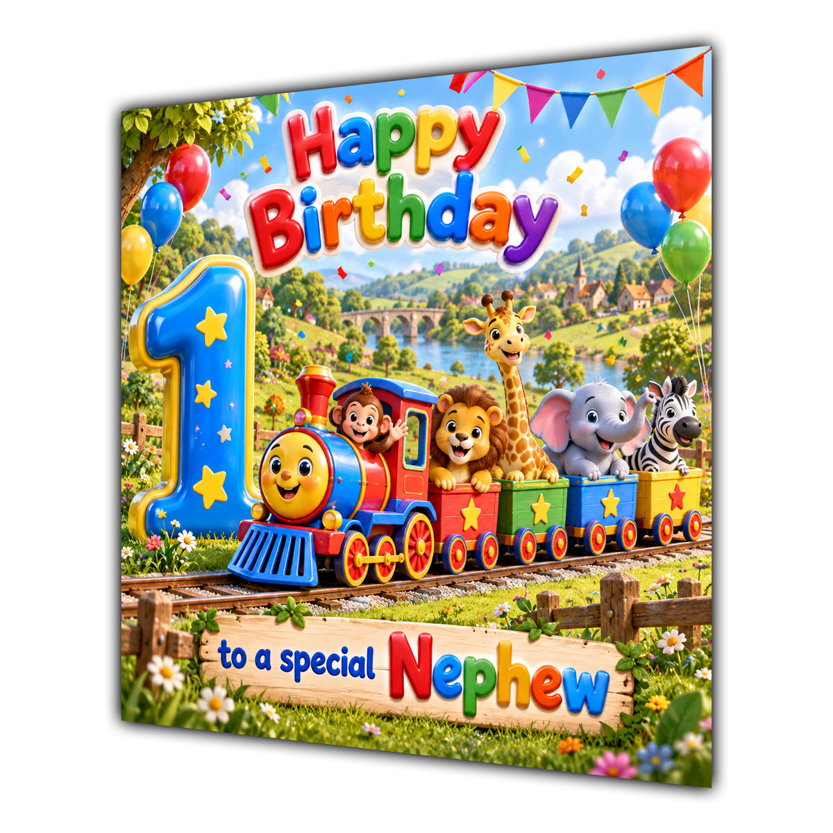Nephew 1st Birthday Card Safari Animals Train