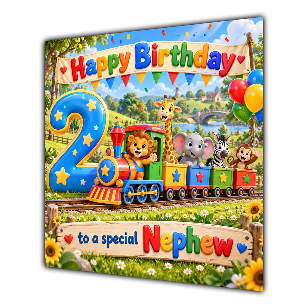 Nephew 2nd Birthday Card Safari Animals Train
