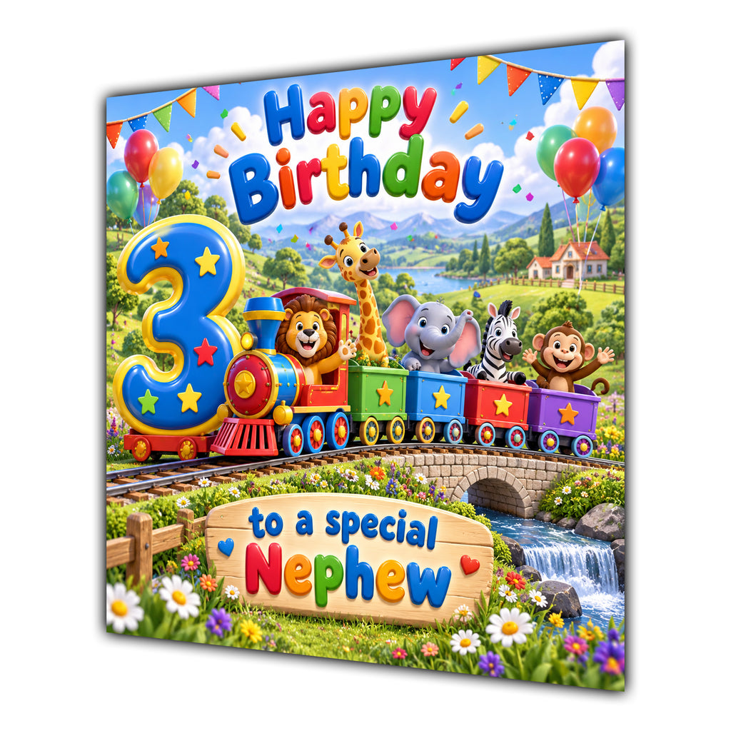 Nephew 3rd Birthday Card Safari Animals Train