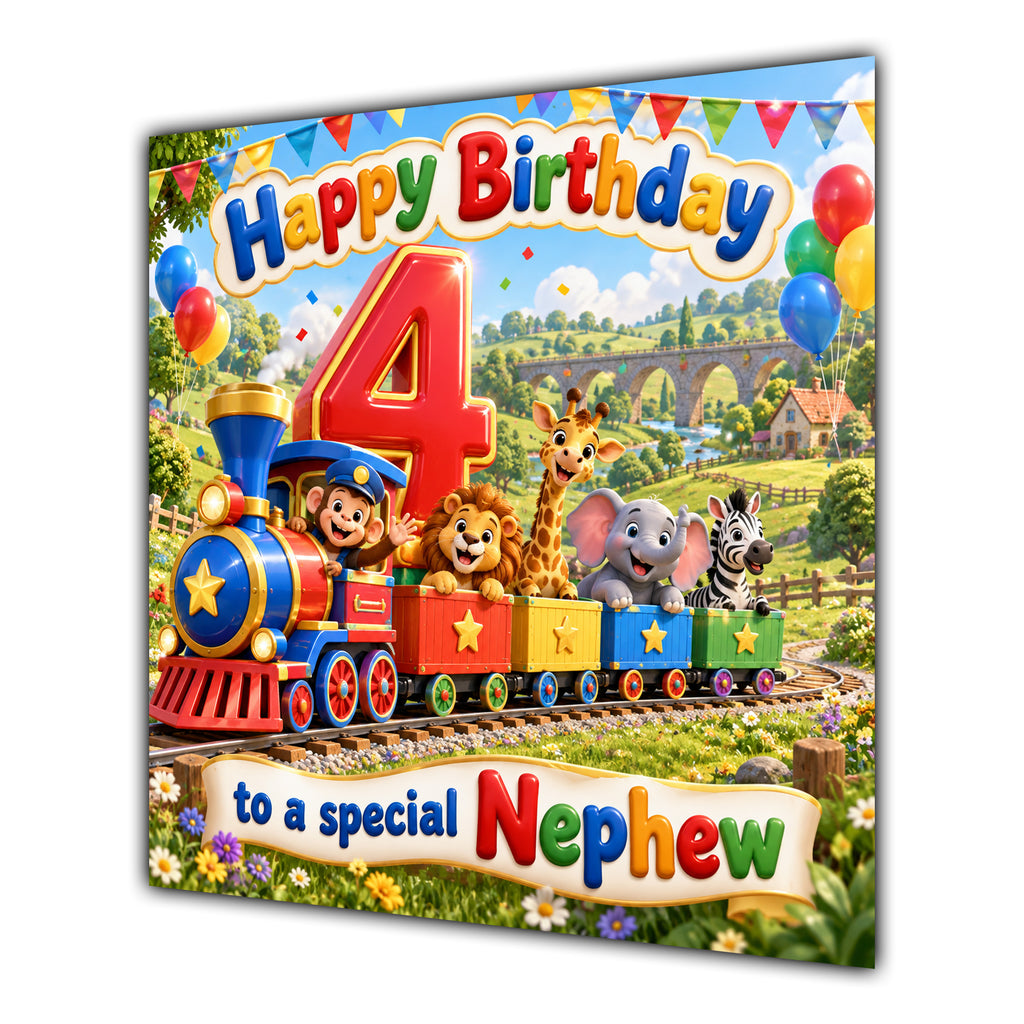 Nephew 4th Birthday Card Safari Animals Train