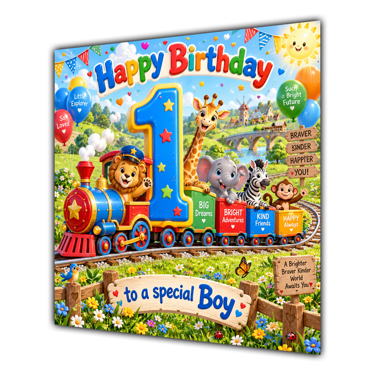 Boy 1st Birthday Card Safari Animals Train