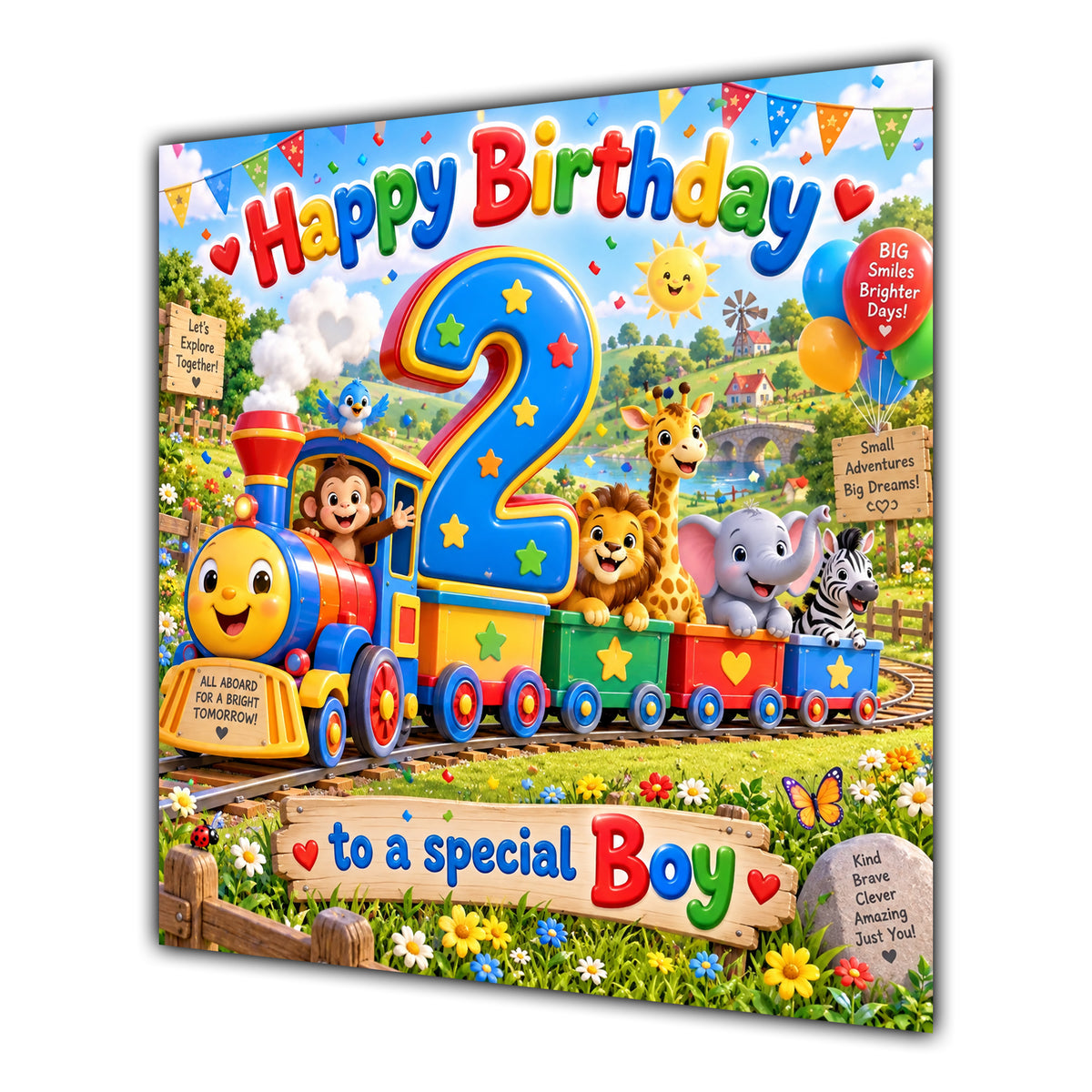 Boy 2nd Birthday Card Safari Animals Train