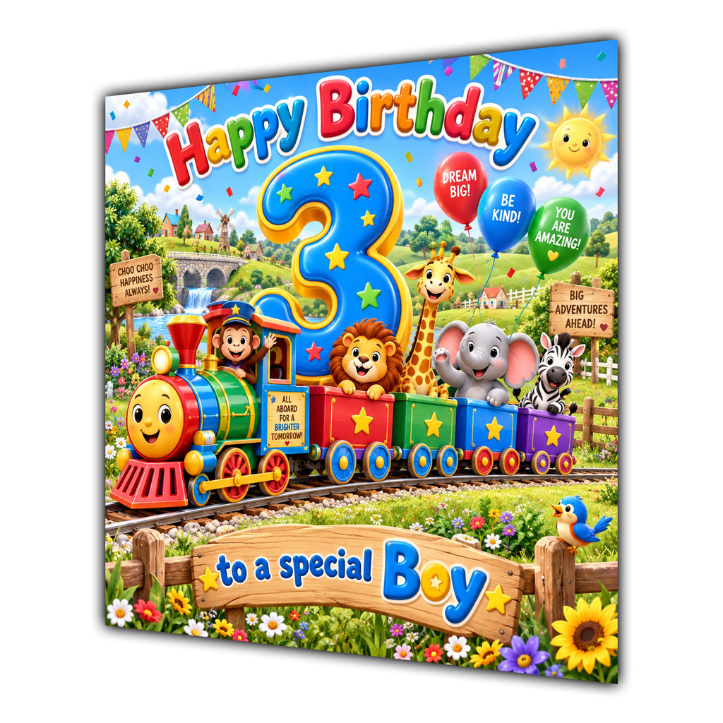 Boy 3rd Birthday Card Safari Animals Train
