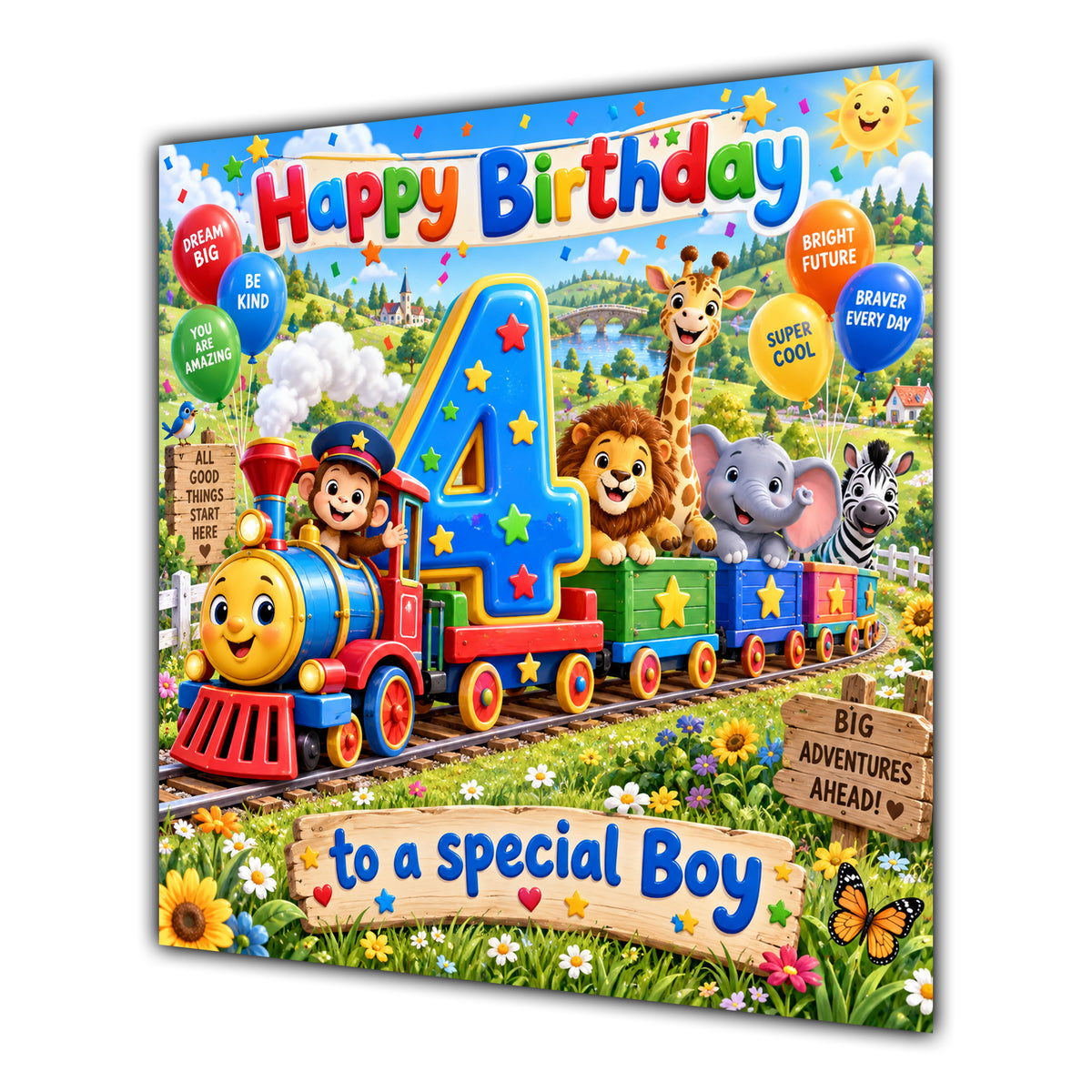 Boy 4th Birthday Card Safari Animals Train
