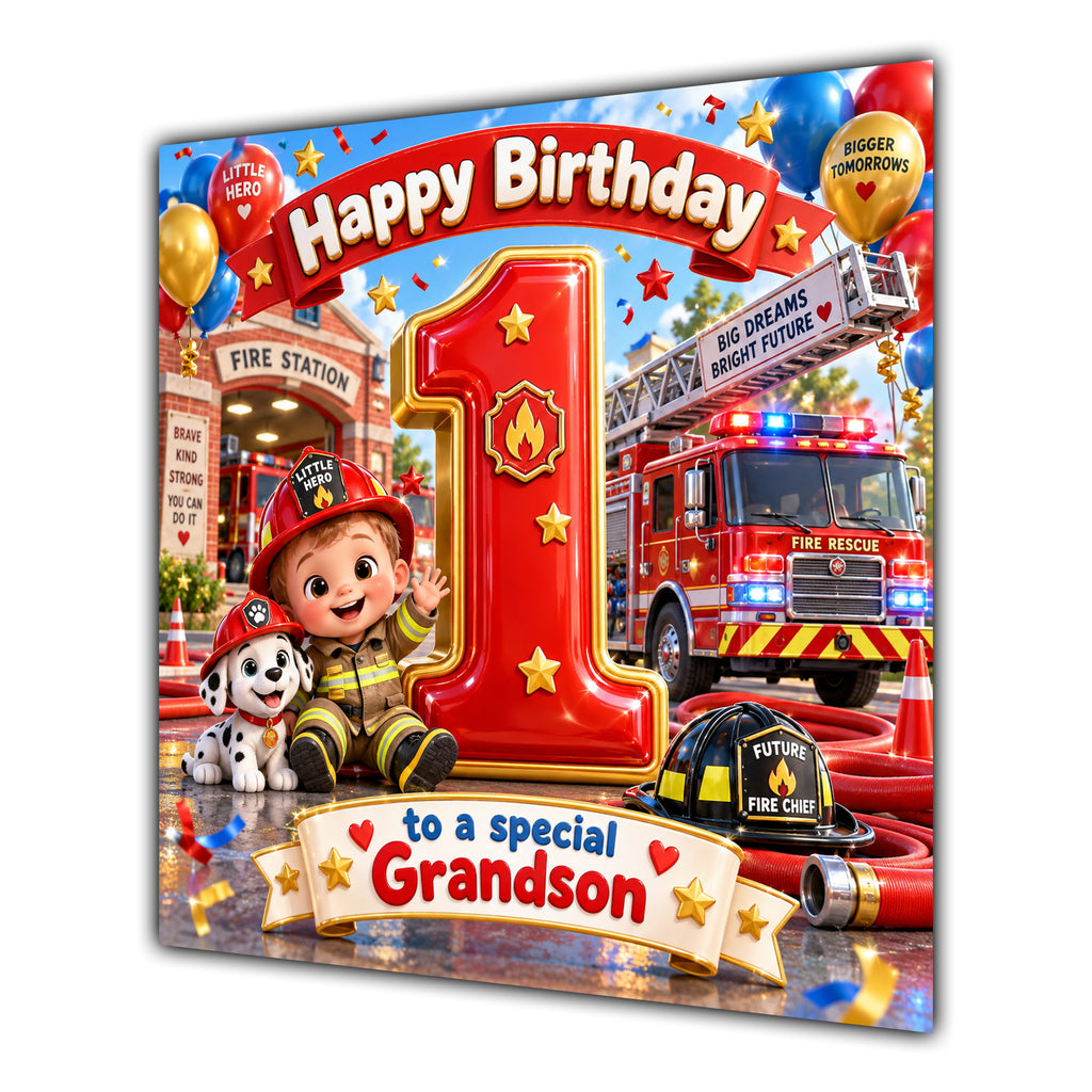 Grandson 1st Birthday Card Fire Engine Firefighter Dalmatian