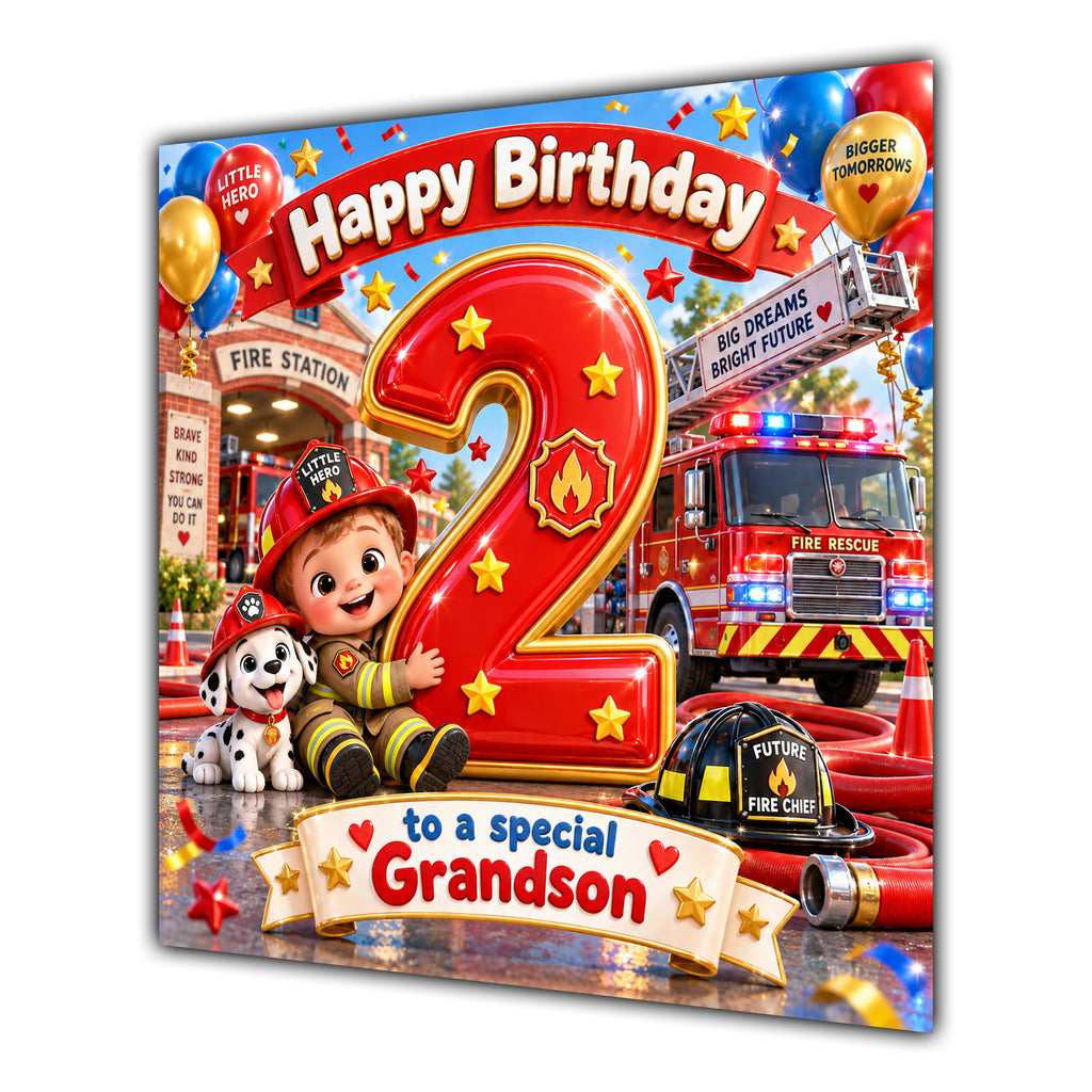 Grandson 2nd Birthday Card Fire Engine Firefighter Dalmatian
