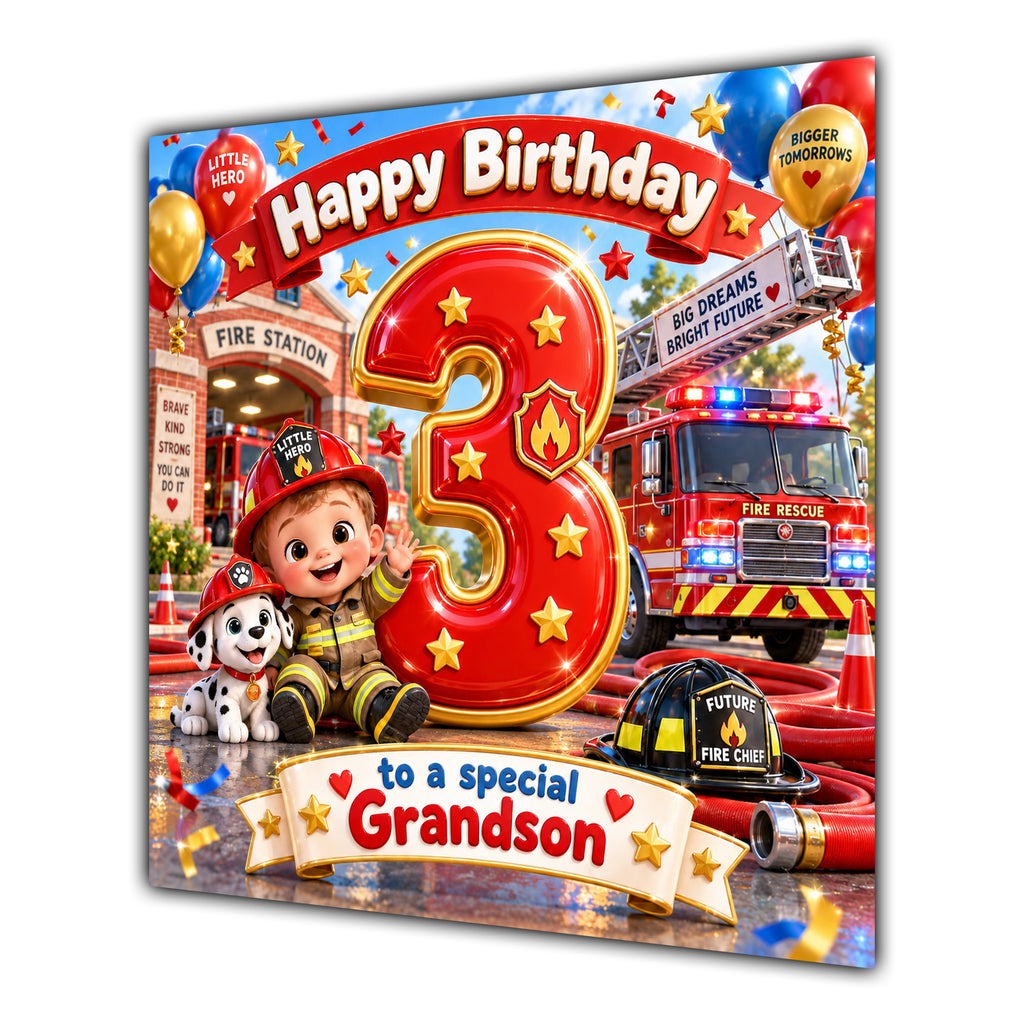 Grandson 3rd Birthday Card Fire Engine Firefighter Dalmatian